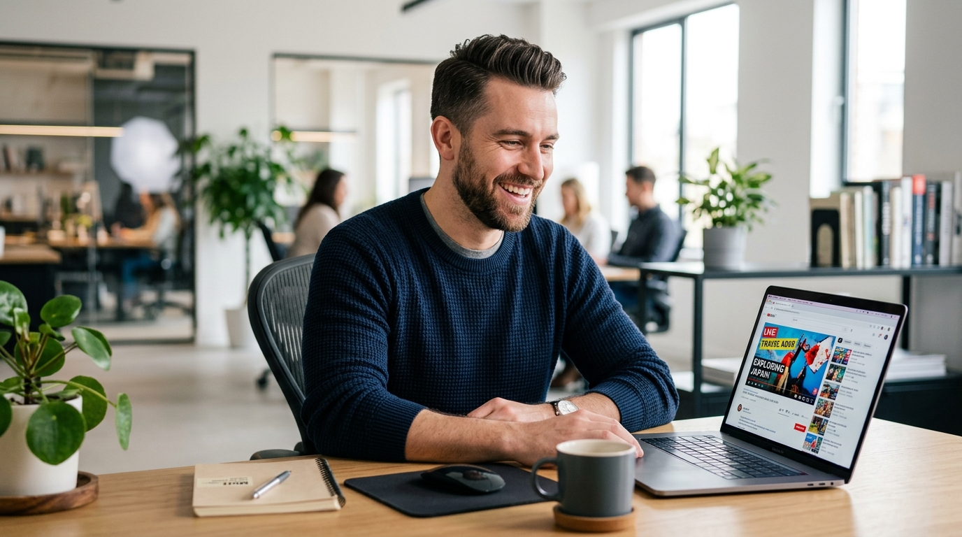 Man watching video ads on laptop